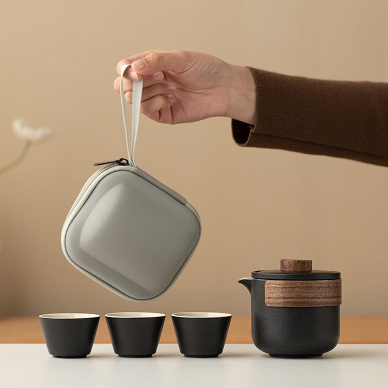 茶器 携帯用 ガラス製 トラベル アウトドア キャンプ コンパクト 急須 カップ3客セット ティーセット 専用ケース付属 持ち運び便利 オフィス 普段使い レジャー