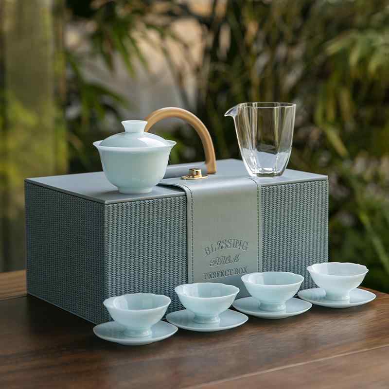 茶器 氷種羊脂玉磁器 三才蓋碗 蓋付き湯呑 セット 陶器 透明ガラス 公道杯 高級感 功夫茶 来客用 自宅用 新中式 中華モダン 新築祝い 贈り物