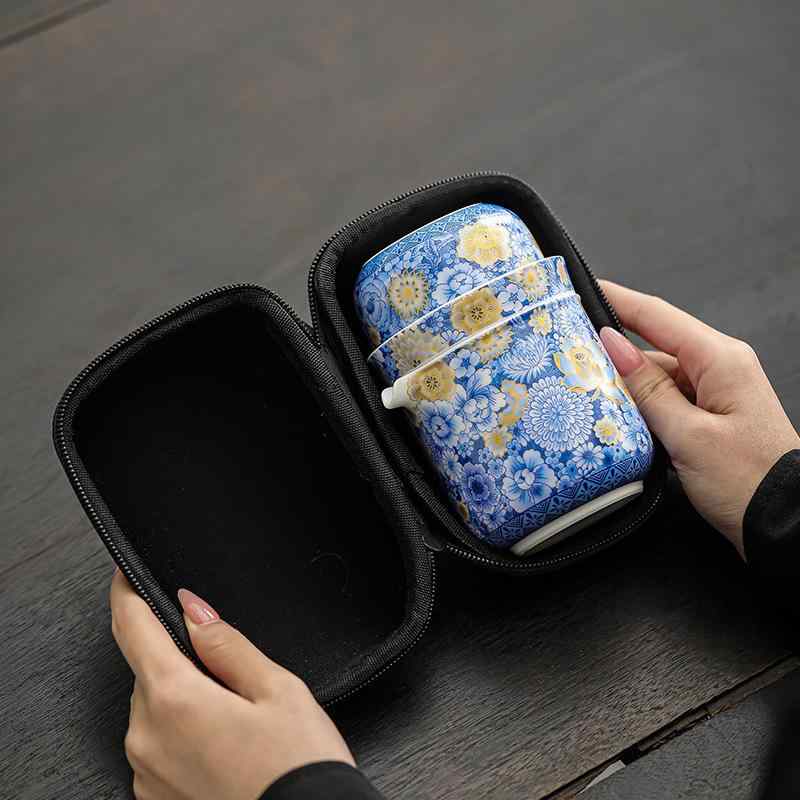 茶器 ポータブル 携帯用 旅行用 手軽 急須 カップ4個 セット 陶磁器製 華やか 金彩 新中式 おしゃれ モダン アウトドア キャンプ レジャー 贈答品