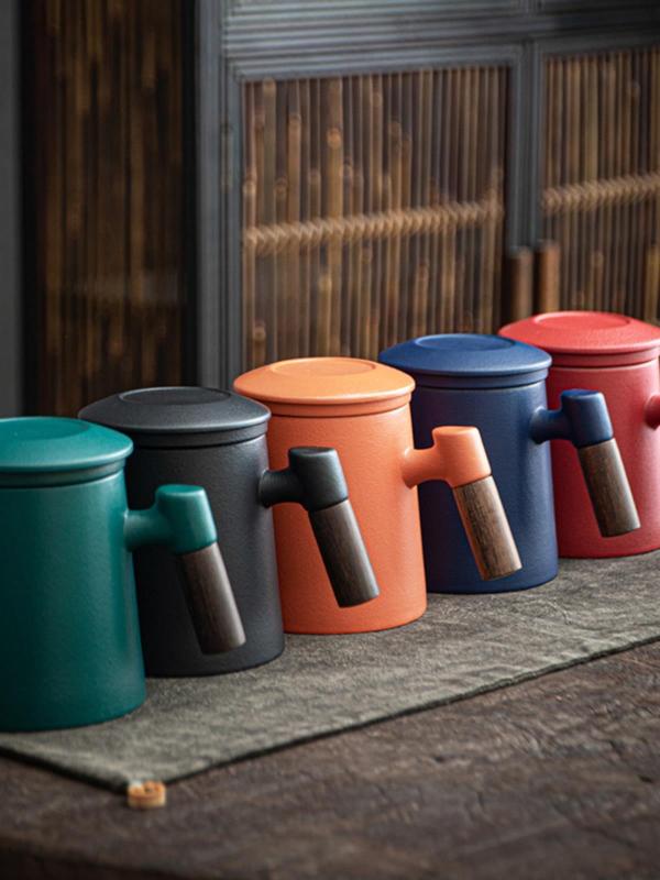 ティーカップ 男性用 メンズ 陶磁器製 個人用 茶水分離 マグカップ 茶こし フィルター内蔵 蓋付き オフィス 自宅 普段使い 和モダン