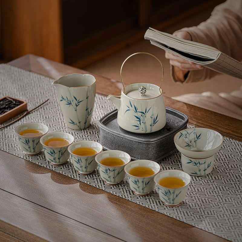茶器セット 灰釉 釉下彩 陶器 手描き 竹モチーフ 持ち手付き 急須 湯呑み 中国風 レトロモダン 新中華風 家庭用 来客用 ギフト プレゼント|shop I.D.H