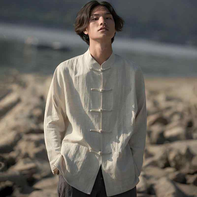シャツ 男性用 中華風 立領 長袖 麻 綿混 純色 春夏 白 黒 米白 紺 復古 スタイル 青少年向け 普通厚(x2)