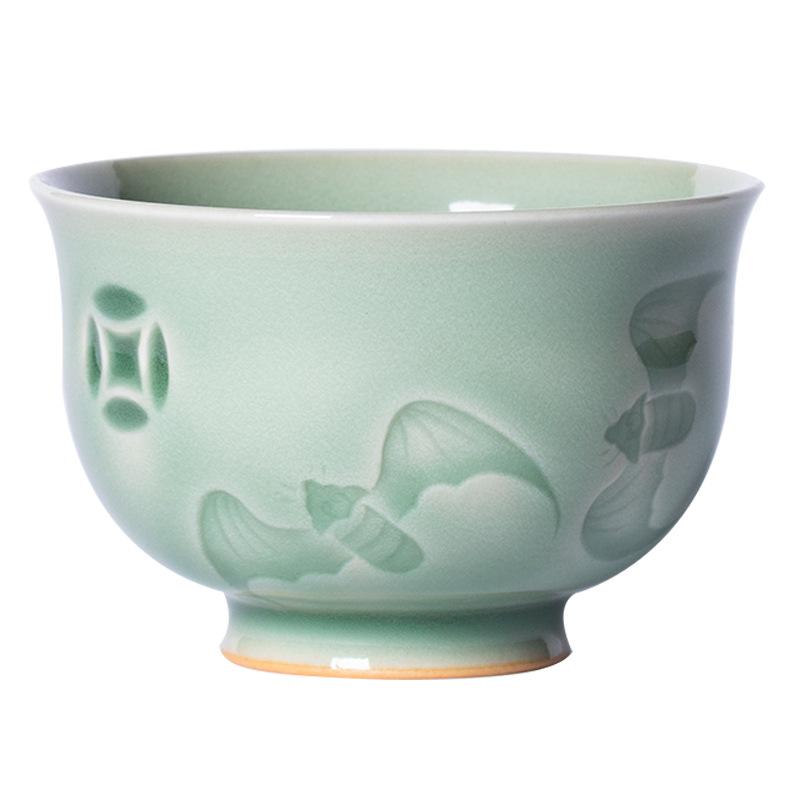 湯呑み 龍泉青磁 高級感 手作り 主人杯 福在眼前 功夫茶道 茶器 品茗杯 陶磁器 焼き物 中国風 新中国スタイル モダン 来客用 おもてなし おしゃれ
