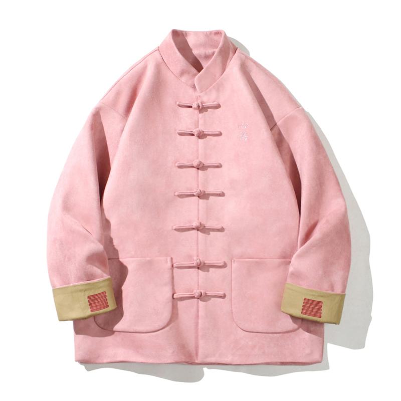 上衣 メンズ 秋 中国風 レトロ スエードクロス 綿ネル 刺しゅう 盤扣 唐装 漢服 アウター 心地よい 綿原料品 サクラ色系 黒いこと