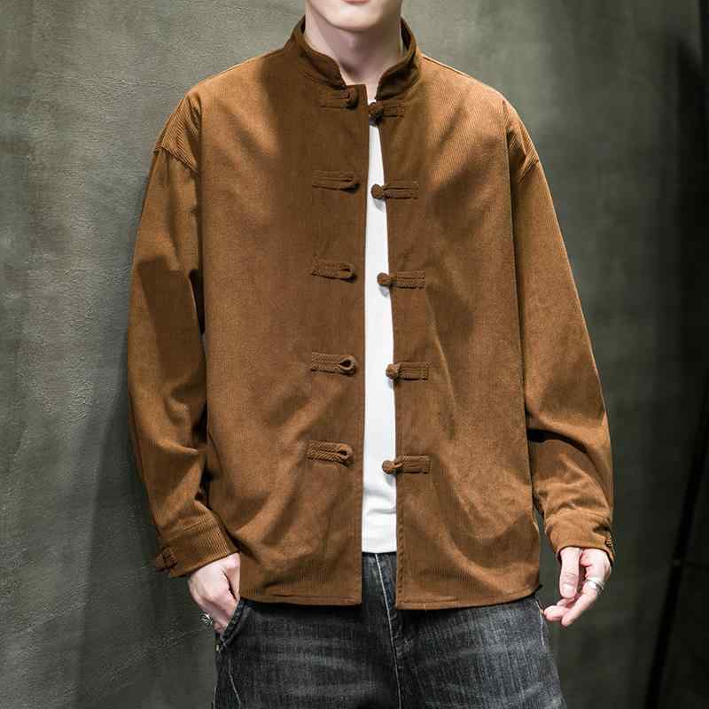 メンズ シャツ 中国風 復古 コーデュロイ ディスクボタン 長袖 ビッグサイズ 秋冬 カジュアル ゆったり スタンドカラー 無地 コットン ワッシャー加工 機洗対応 ブラウン ブラック
