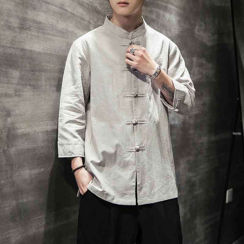 シャツ メンズ 夏用 軽量 オーバーサイズ 七分袖 立領 中国風 綿麻 純色 レトロ ループボタン ビッグサイズ カジュアル 普段使い 通気性 吸湿速乾 白 黒 灰色