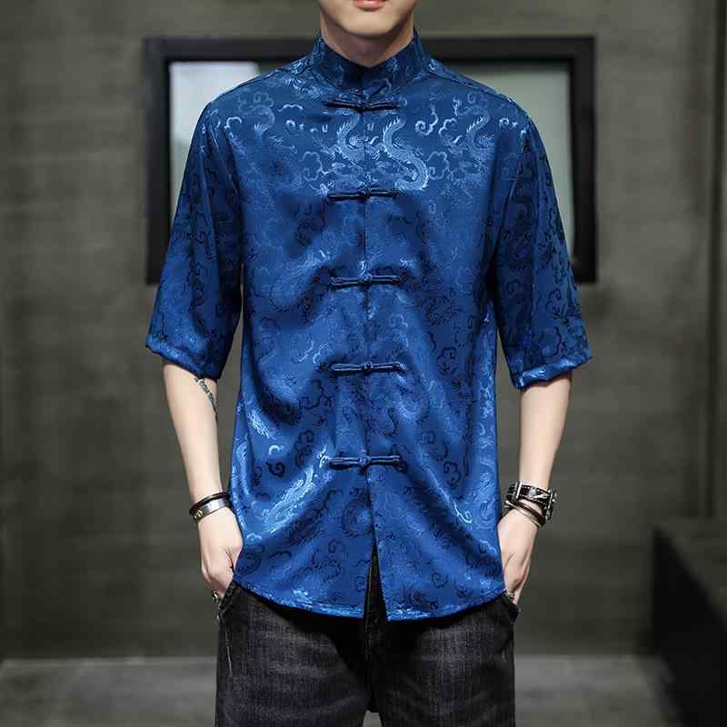 メンズ 夏用 短袖 シャツ 中国風 復古 盤扣 立領 ゆったり 大きめ 接触冷感 動物柄 提花 カジュアル 普段使い