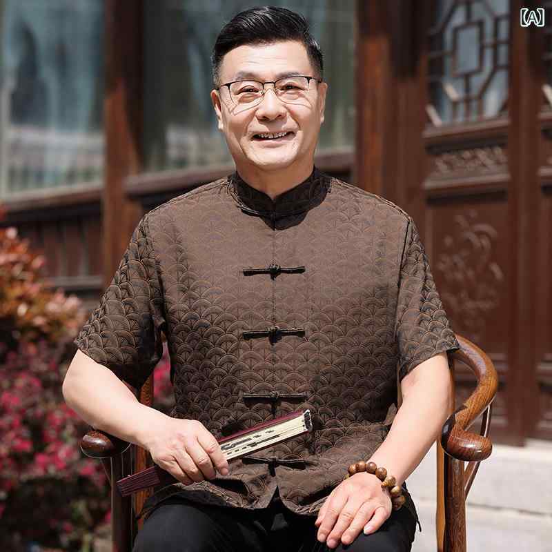 唐装 男性用 中年 夏用 短袖 接触冷感 薄手 セット カジュアル レトロ 日常着 通勤 旅行 ポリエステル 混紡 ジンジャーイエロー ダークグリーン 軽量 吸湿速乾