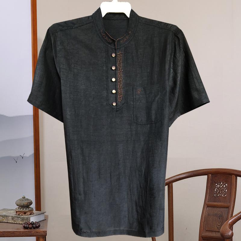 中国風 メンズ 短袖 シャツ パンツ セット 純シルク 素材 夏用 復古 デザイン クラックル 柄 刺繍 ボタン 装飾 ブラック 通気性 高級感 日常使い カジュアル 中年 男性向け｜shop I.D.H