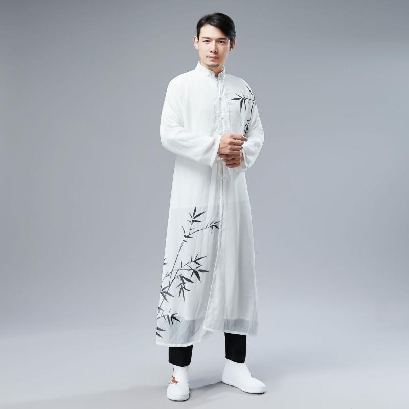 長袖シャツ メンズ 中華風 夏用 シフォン 修身 防紫外線 UVカット プリント柄 ホワイト カジュアル ユース 軽量 通気性 吸湿速乾 接触冷感