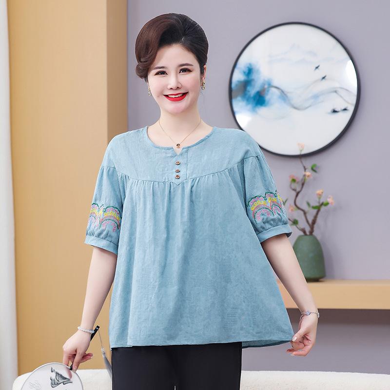 レディース 夏用 ゆったり Tシャツ 九分パンツ セット 綿麻 混 ストレッチ 素材 特大サイズ 薄手 カジュアル ピンク系 オレンジ系 ブルー系 トップス ボトムス 普段使い 軽量 吸湿速乾