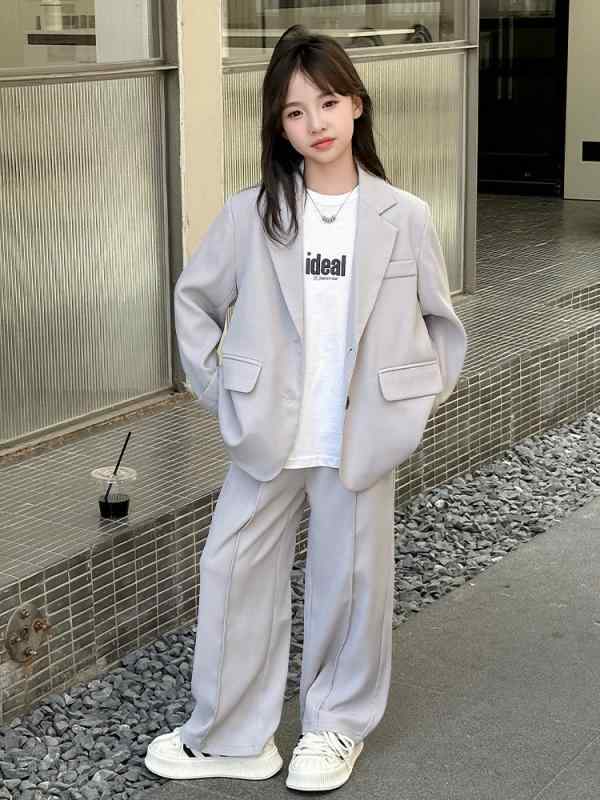 女児 春秋 ゆったり スーツ セット カジュアル 韓国風 綿素材 グレー 長袖 パンツ 柔らかい 純色 中大サイズ 日常使い 子供服