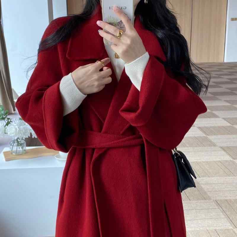 レディース コート 秋冬 ゆったり ロング丈 テーラードカラー 長袖 羊毛 ウール 厚手 通勤 ワインレッド 優雅 気質 アウター 外套