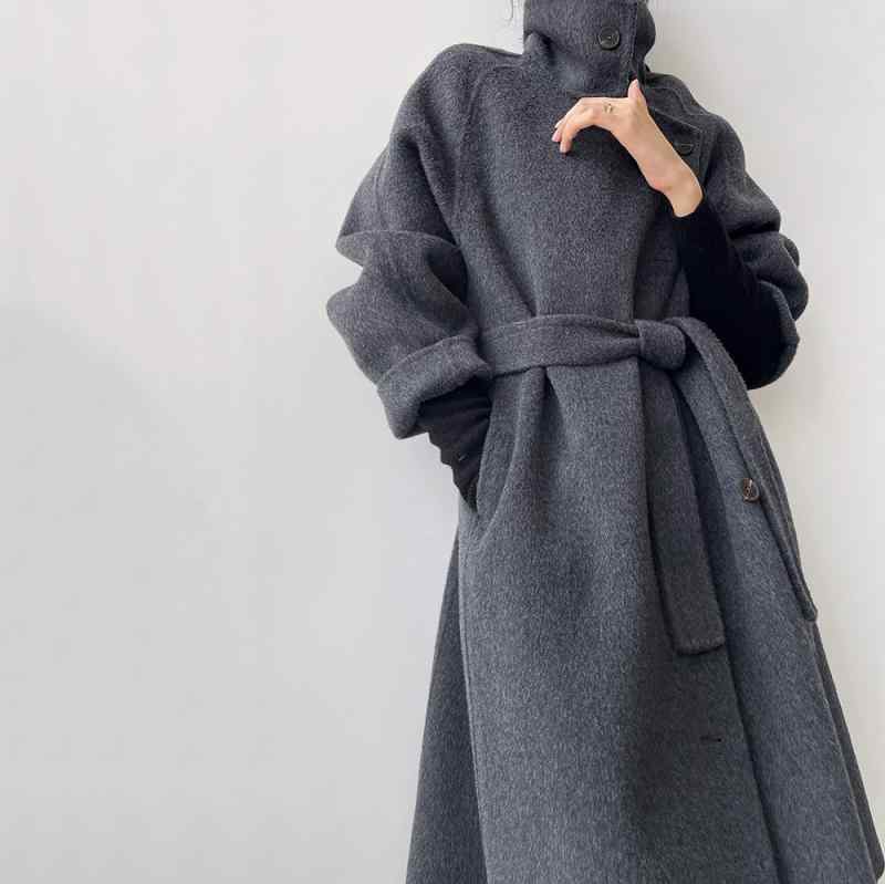 女性用 リバーシブル 羊毛コート スタンドカラー ゆったり ロング丈 厚手 アウター 秋冬 高級感 ウール混 リヨセル ノンアイロン カジュアル チャコールグレー ベージュ
