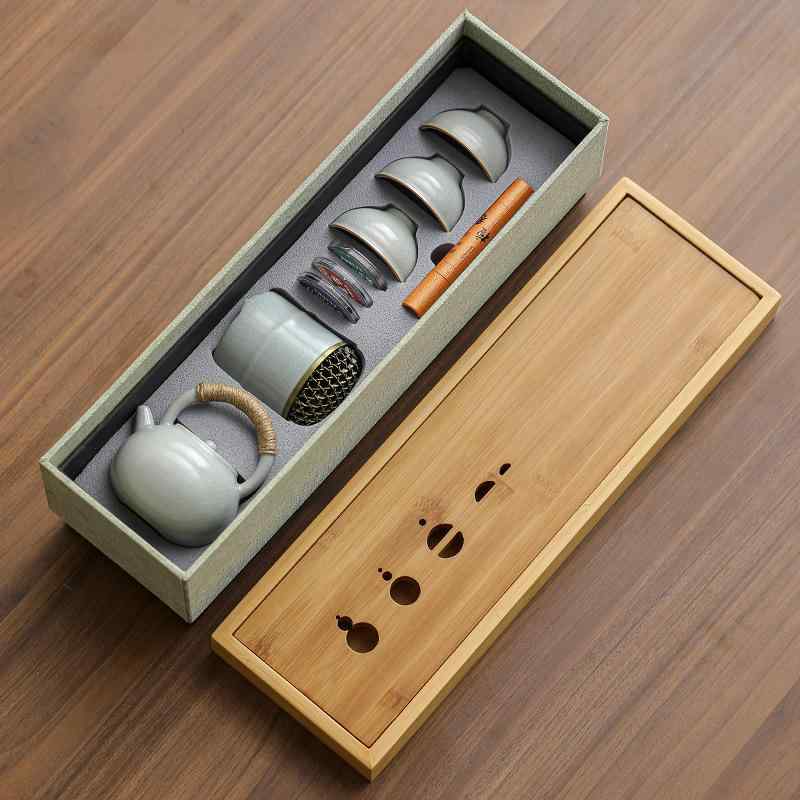 茶器セット 汝窯風 陶器 高級感 竹製トレイ 現代シンプル ポータブル 貯水機能 ビジネス用