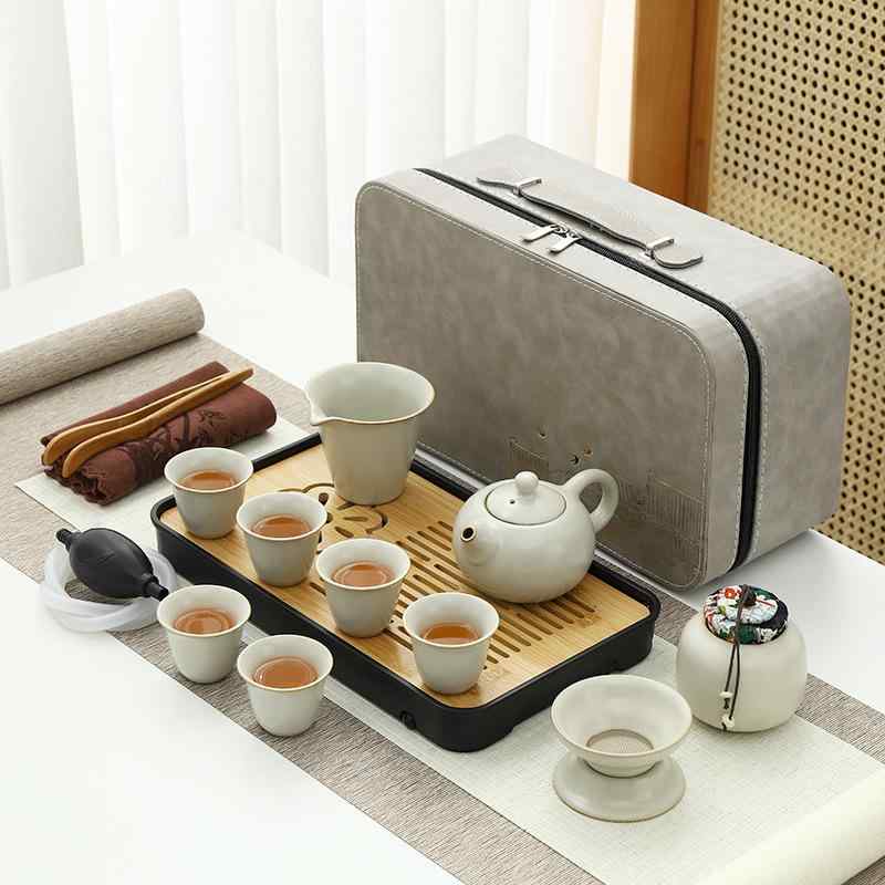 茶セット 旅行用 功夫 陶器 ベージュ 天青 ポータブル ケース 茶盤 家庭用 アウトドア 持ち運び便利 伝統風