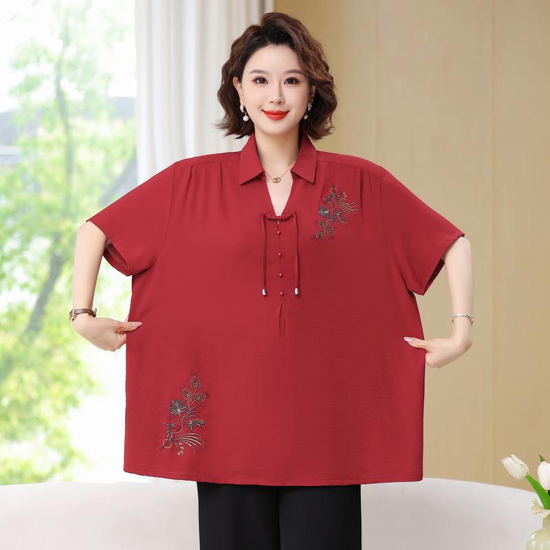 短袖 Tシャツ レディース 中高年 大きいサイズ ポロカラー 夏用 花柄 プリント ポリエステル ゆったり 通勤 日常 キャラメル 赤 ベージュ ボタン 袖 普通丈