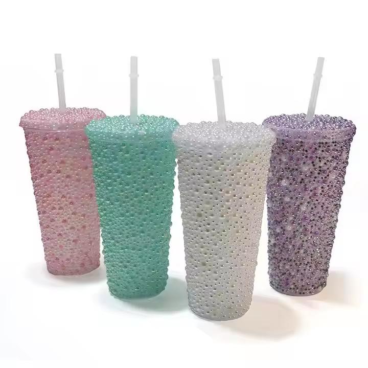 夏用 ストロー付き 水筒 かわいい カートゥーン柄 軽量 PS プラスチック 300ml 容量 二層構造 保冷 保温 シンプル モダン デザイン 事務所 家用 通勤 丸形 快適 持ち運び｜shop I.D.H