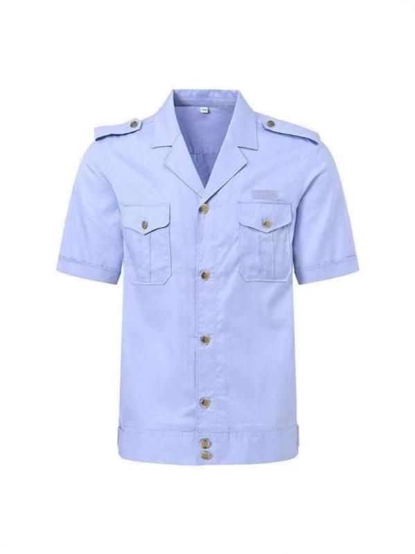 作業服 メンズ 夏 短袖 長袖 シャツ ジャケット 通勤用 ポリエステル 耐摩耗 ノーアイロン 薄手 無地 スタンドカラー 肩章付き シンプル スリムフィット ライトブルー