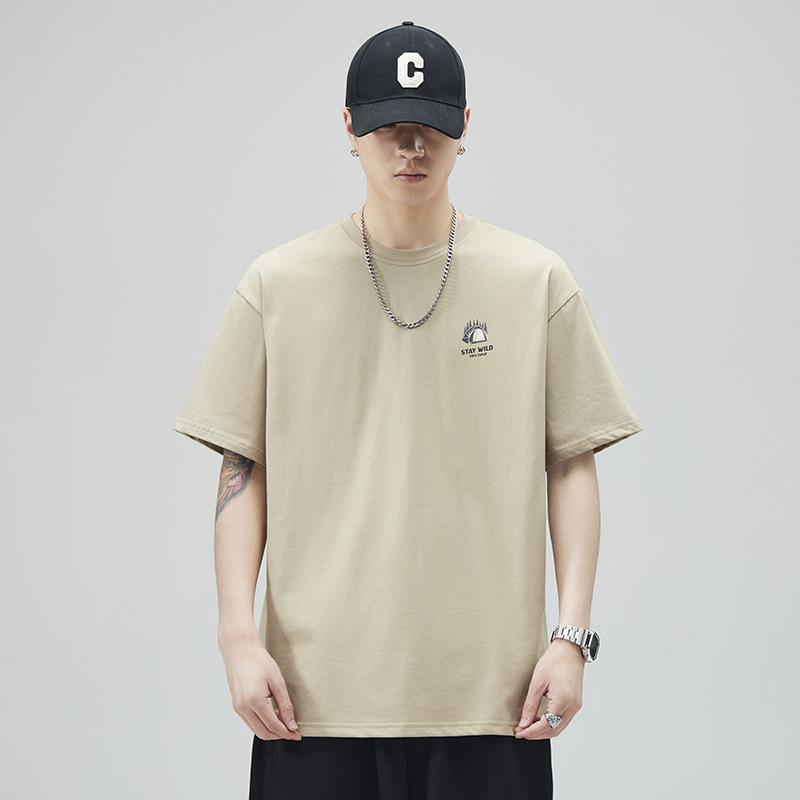 Tシャツ 男性用 夏 綿 短袖 ゆったり ルーズフィット カジュアル トップス 通気性 薄手 落肩袖 ラウンドネック プリント アルファベット柄 アメリカン レトロ カーキ テラコッタ