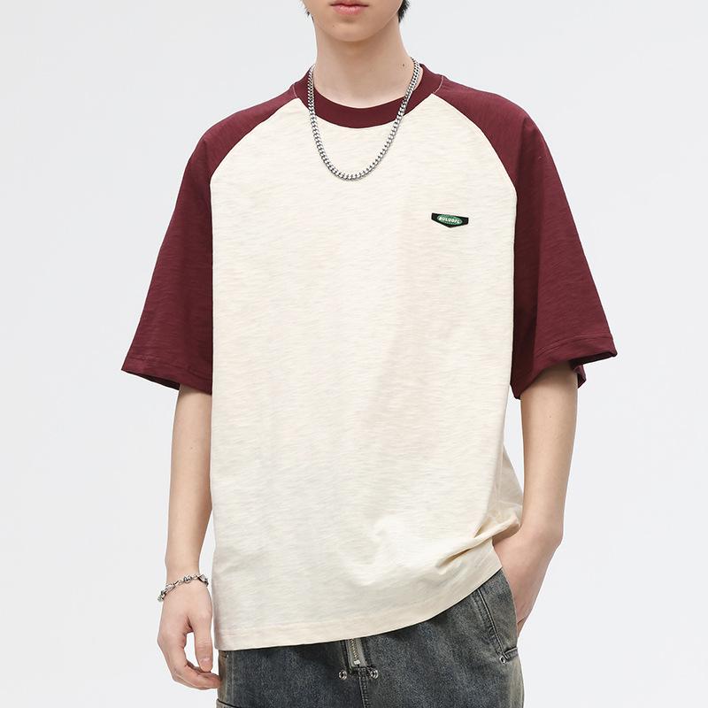 メンズ Tシャツ 夏 薄手 綿 短袖 ゆったり ラグラン袖 切り替え 無地 丸首 カジュアル ノンアイロン 耐久 コットン ブレンド アーミーグリーン アプリコット 普段使い 軽量 トップス