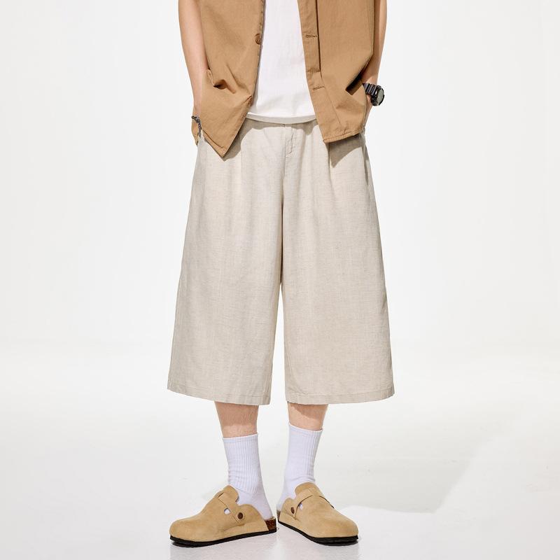 メンズ 七分丈パンツ ラミー素材 薄手 ゆったり ストレート 速乾 春夏用 アプリコットカラー 軽量 吸湿 普段使い アウトドア