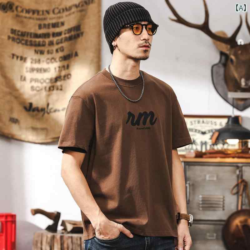 メンズ Tシャツ 夏用 短袖 ルーズフィット 落肩袖 アルファベットプリント 綿素材 抗菌加工 薄手 ノーアイロン スポーツ 普段使い ダークグレー