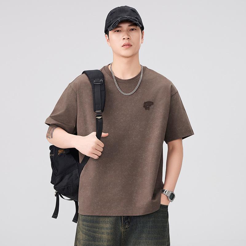 Tシャツ メンズ 春夏 ショートスリーブ クルーネック ルーズ 刺繍 日式レトロ コットン 抗菌 薄手 スポーツ ブラウン系 トップス 普段使い 通勤 軽量 伸縮性