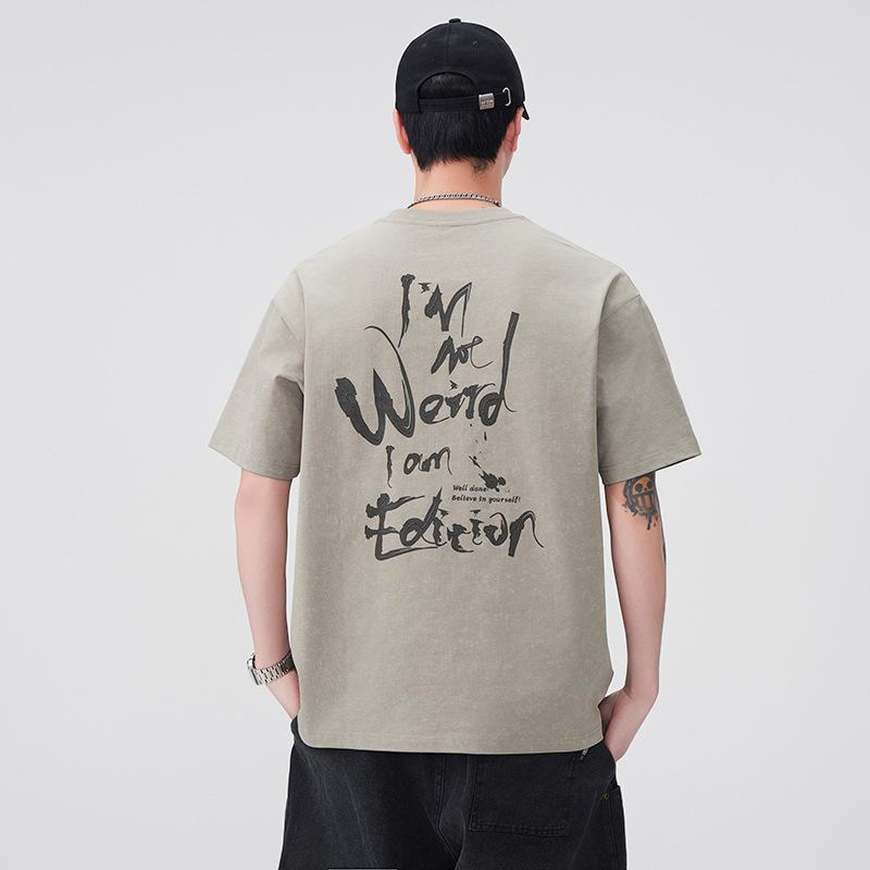 メンズ 夏用 短袖 Tシャツ コットン ルーズフィット 手描きプリント グレーグリーン カジュアル 和風レトロ 抗菌 トップス 吸湿速乾 軽量 普段使い