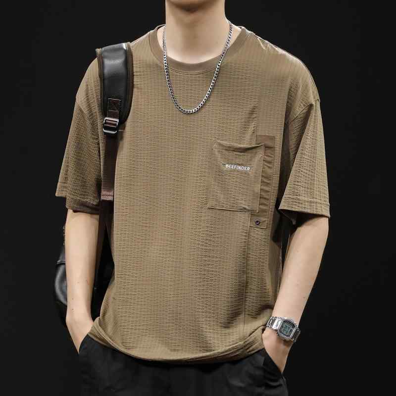 Tシャツ メンズ 短袖 夏用 ゆったり 大きいサイズ 接触冷感 綿混紡 トップス 日常着 薄手 丸首 ポケット コントラストカラー 立体裁剪 透気性 耐摩耗 キャメル色 ブラック