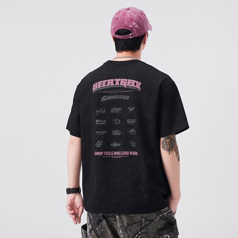 メンズ Tシャツ 春夏 ゆったり 短袖 丸首 コットン ブラック レトロ 加工 抗菌 カジュアル 日常使い 薄手 トップス