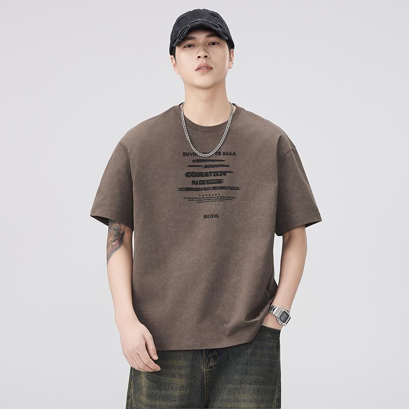 メンズ Tシャツ 春夏 ルーズ コットン ショートスリーブ クルーネック 日式レトロ 美式 カジュアル 抗菌 ブラウン トップス 普段使い 薄手 伸縮性