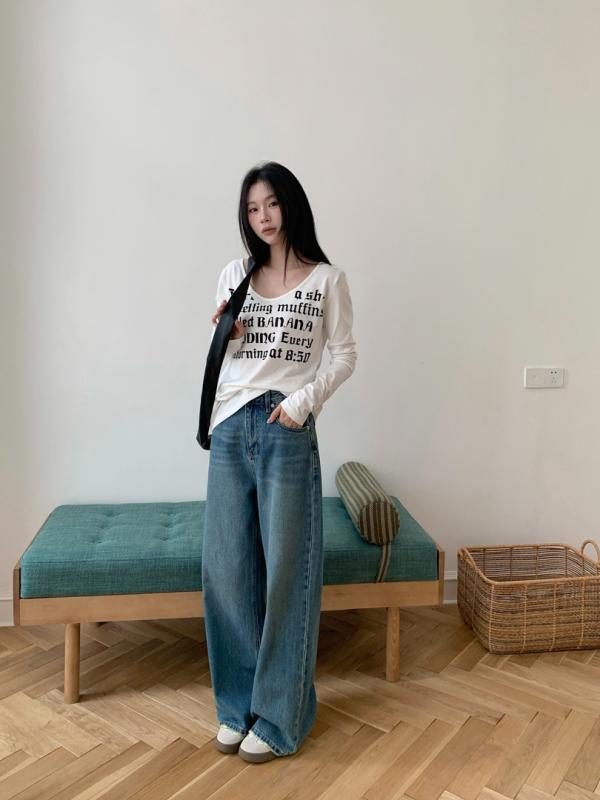 デニムパンツ レディース ストレート ハイウエスト ゆったり ヴィンテージ加工 スリム見せ コットン 中厚 ブルー系 春夏 カジュアル 普段使い 脚長効果 快適