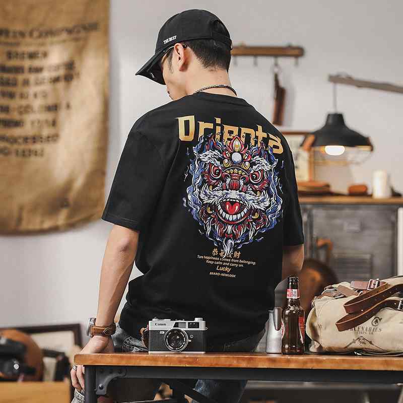 カジュアル Tシャツ メンズ 青年 夏 短袖 ゆったり コーマ綿 抗菌 ノンアイロン 薄手 クルーネック 醒獅プリント 中国風 スポーツ ブラック ホワイト
