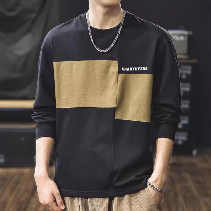 メンズ 長袖 Tシャツ 秋 コットン ルーズフィット 切り替え コントラストカラー 日常使い 通気性 ブラック ダークグレー 大きめサイズ
