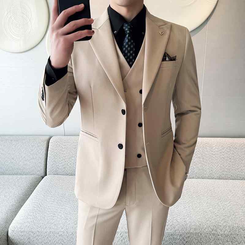 メンズ スーツ 3ピースセット 結婚用 新郎 ノッチラペル シングルブレスト 2ボタン 修身シルエット ポリエステル混紡 春 フォーマルウェア ビジネスカジュアル 軽量 伸縮性 吸湿速乾 ホワイト ブラック ネイビー グレー ミリタリーグリーン｜shop I.D.H