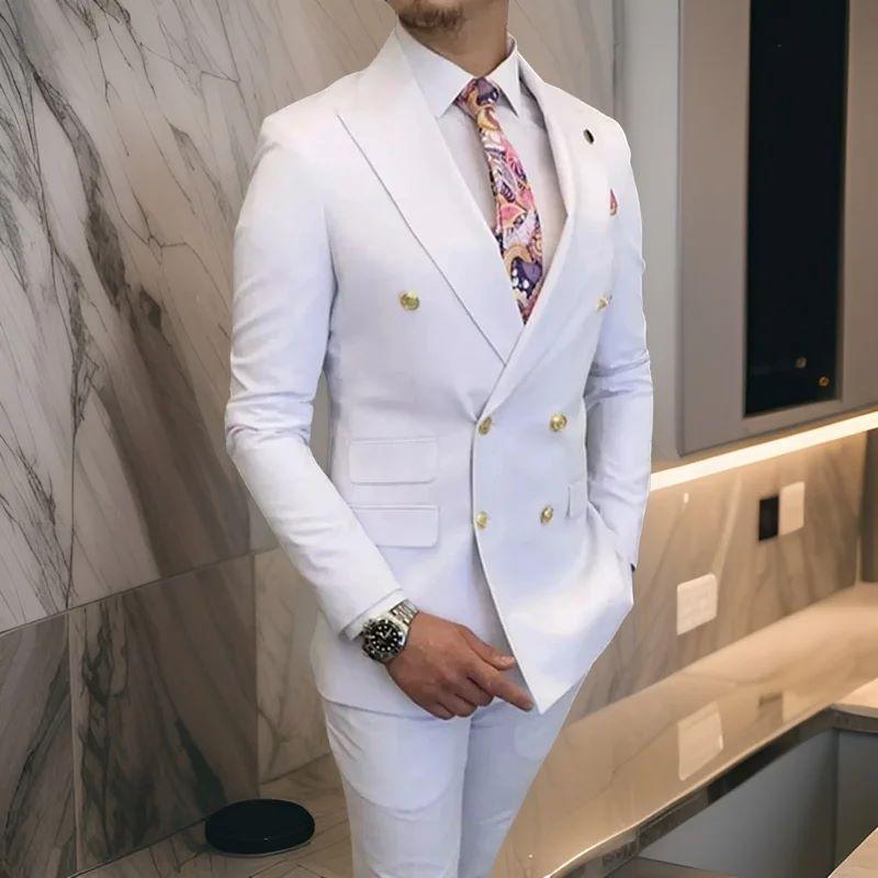 メンズ ツーピース スーツ ダブルブレスト 新郎 伴郎 結婚式 礼服 グリーン コットン混紡 スリムフィット ピークラペル ライトビジネス 春秋 吸湿速乾 軽量｜shop I.D.H