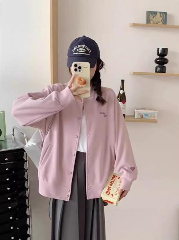 レディース ルーズ 長袖 開き 野球風 スウェット カーディガン 刺繍 ボタン ミドル丈 中厚 コットン混 カジュアル リラックス ピンク ブルー グレー 秋