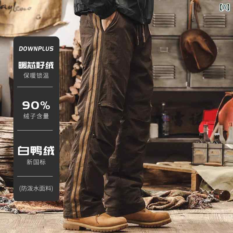 メンズ ダウンパンツ アウトドア 登山 スキー 防寒 厚手 防風 防水 機能性 ワークパンツ ストレート ミッドライズ カジュアル コットン 合成皮革 ダウン 填充 秋冬 ブラウン系 ブラック