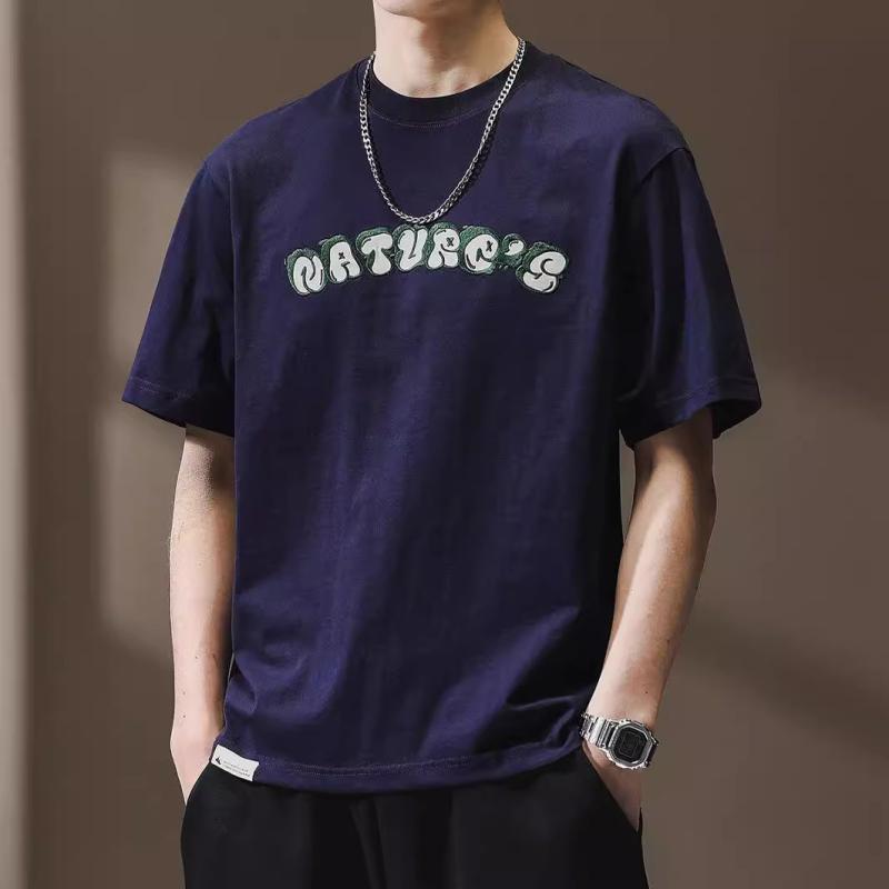 メンズ 短袖 Tシャツ ゆったり 落肩袖 レトロ アルファベット刺繍 綿100% 通気性 夏用 カジュアル 普段使い ロイヤルブルー オフホワイト トップス
