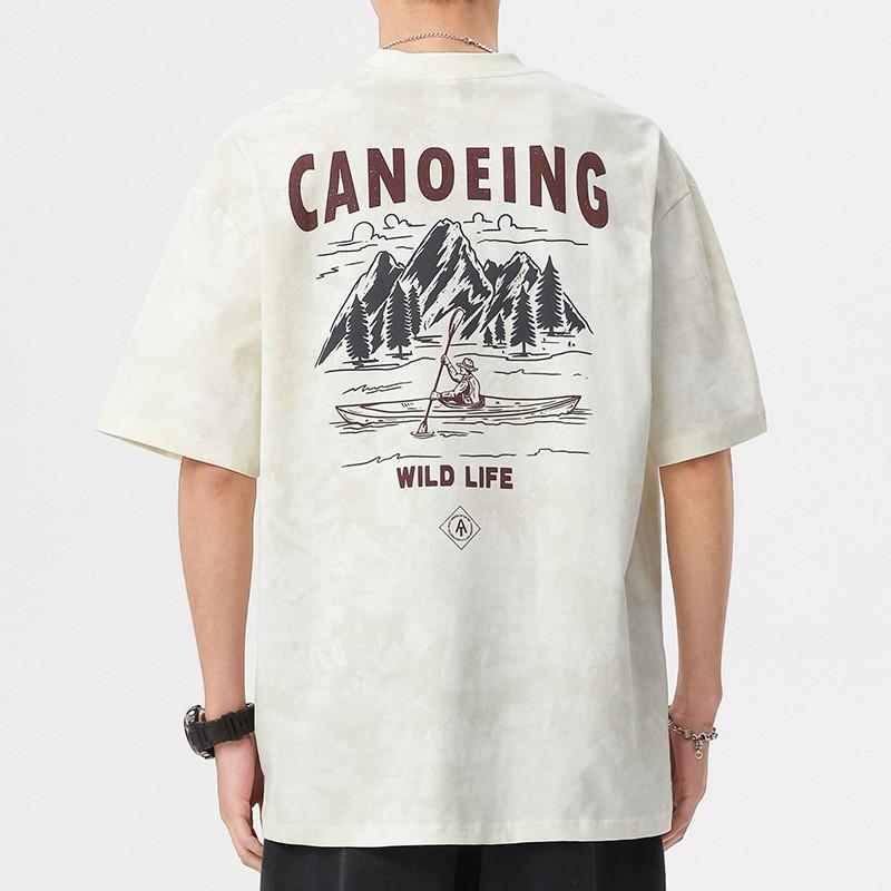 メンズ Tシャツ ゆったり 半袖 薄手 綿 トップス プリント レトロ カジュアル 夏用 高級感 抗菌 ダークグレー カーキ ベージュ イージーケア ラウンドネック