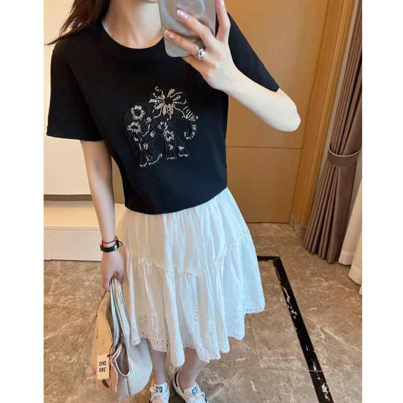 FFLALA エレファント Tシャツたり カジュアル 雰囲気 スノーフレーク コットン 柔らかく 滑らか 厚手 ビーズ 付き ラウンドネック ストレート スリーブ 半袖