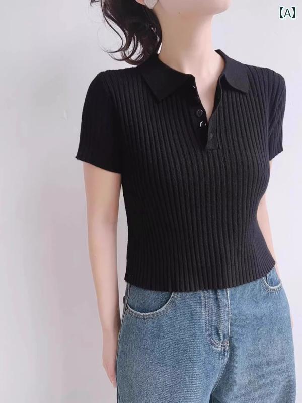 グレー ポロ ネック セーター レディース 2025 夏 シンプル 半袖 Tシャツ クロップド トップス
