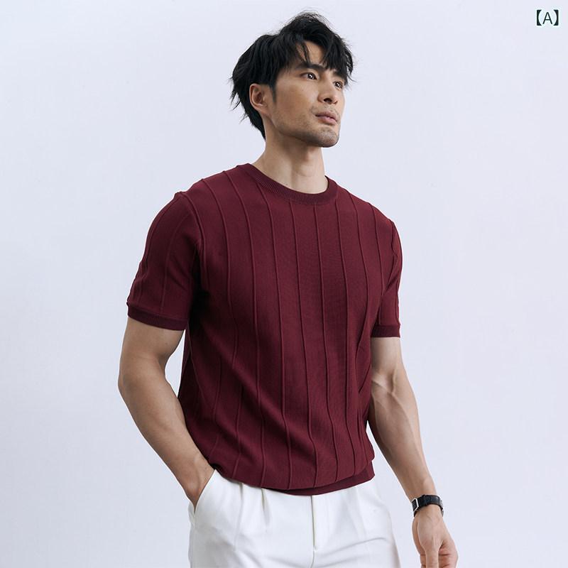 春コーデ　夏コーデ　大歳 高級感 誕生 ワイン レッド ラウンドネック 半袖 Tシャツ カジュアル ニット メンズ 快適 トップス 夏