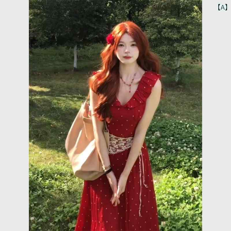 フランス レッド Vネック 小柄 フライング スリーブ ドット ドレス 夏 レディース 服 海辺 休暇 スリム ロング スカート