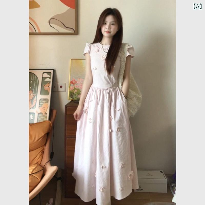 夏 レディース サクラ色 立体的 花 パフスリーブドレス 素晴らしい 韓国 分かりやすい 気が大きい ootd 御召しもの す