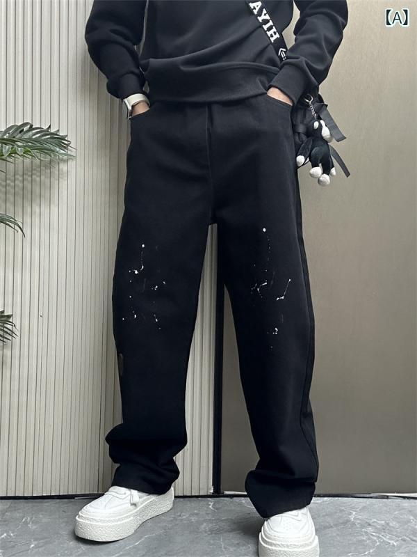 メンズ　ファッション　オシャレ　韓国 アメリカン レトロ スプラッシュ インク ストレート レッグ パンツ 男性用 秋冬 ストリート カジュアル ワイド ファッション グラフィティ