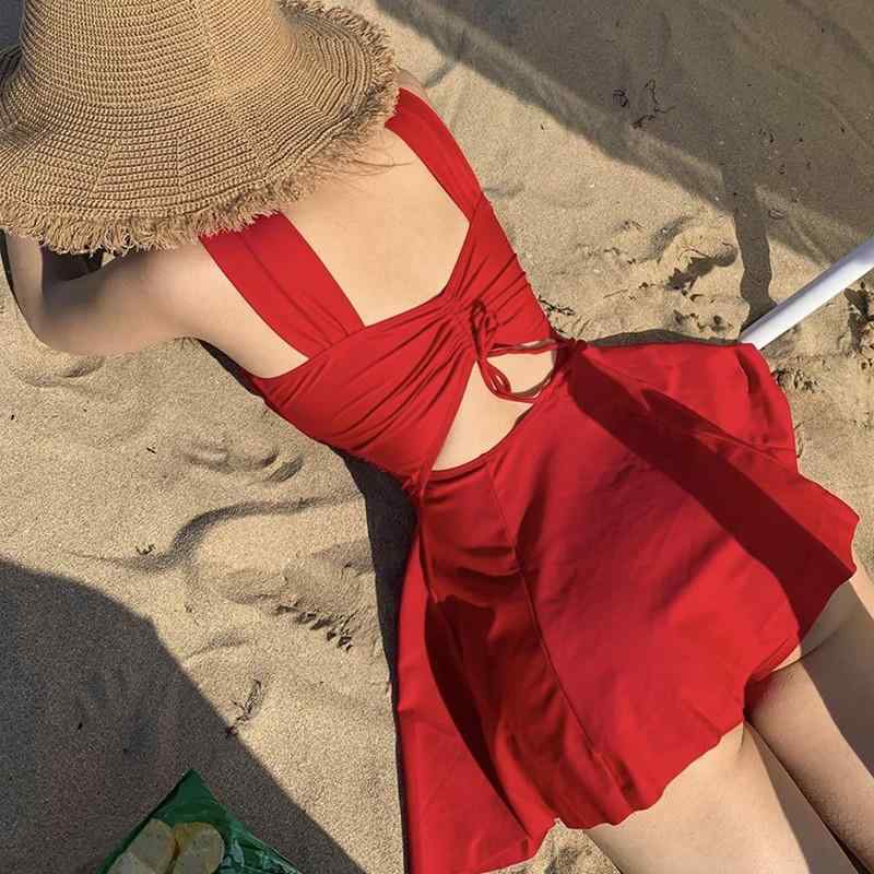 夏　リゾート　プール　レディース水着　レディース　ビーチ　かわいい レッド 魅惑的 背中 開いた ワンピース ドレス 保守的 温泉 水着 レディース 2025 新 ホット お腹 カバー 痩せて