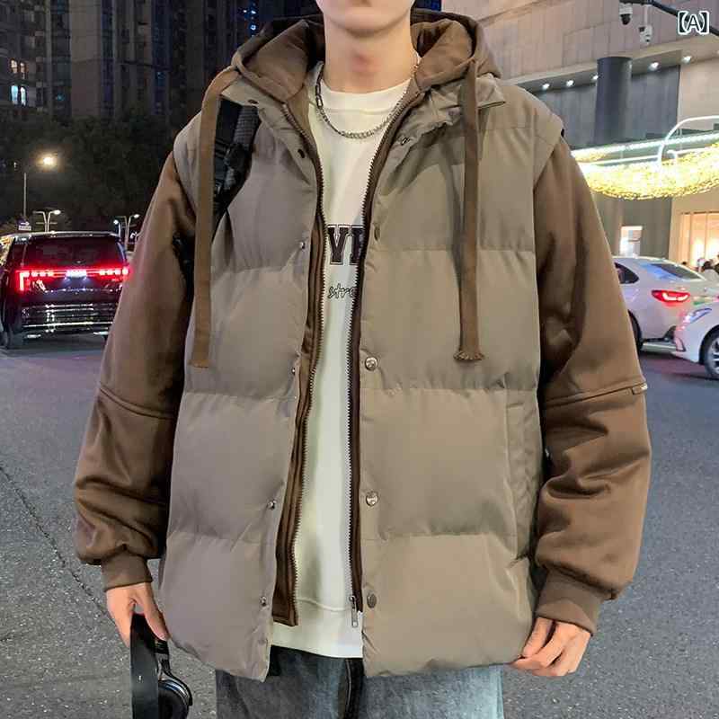 メンズ 流行り物 オシャレ 外国で風 秋冬 成人男性用 如何様物 2点 スプライス アメリカン ボンネット付き添い人 綿織物厚地の外套 好一対用 朦々たる 綿織物 服 綿織物上衣 食麺麭 厚地の外套