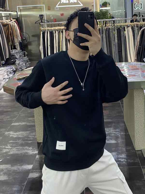 メンズ　ファッション　オシャレ　韓国 ヘビー ステッチ ラウンドネック スウェットシャツ メンズ 秋冬 ニット 長袖 シャツ トップ